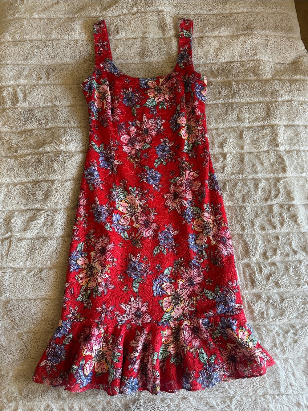 Kensie Red Floral Square-Neck Ruffle-Hem Dress